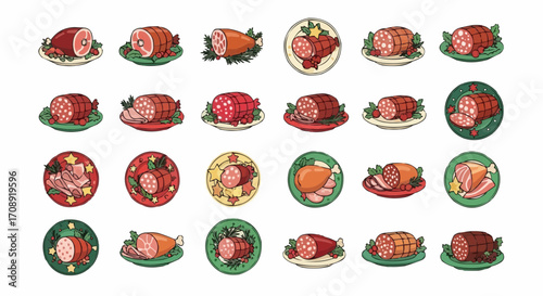 Christmas icon delicious ham and sausage platter collection for holiday meals and festive celebrations food and meat products vector