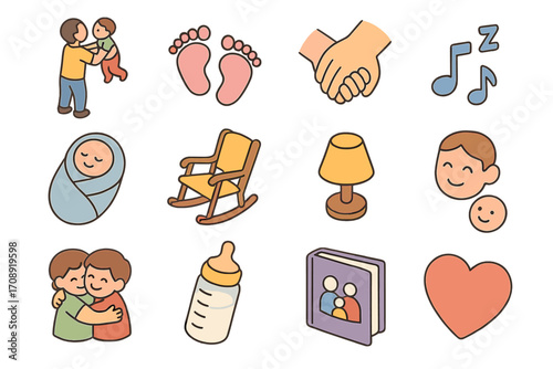 Family life flat icon set. featuring parents, baby, handshake, music, book, and heart symbols