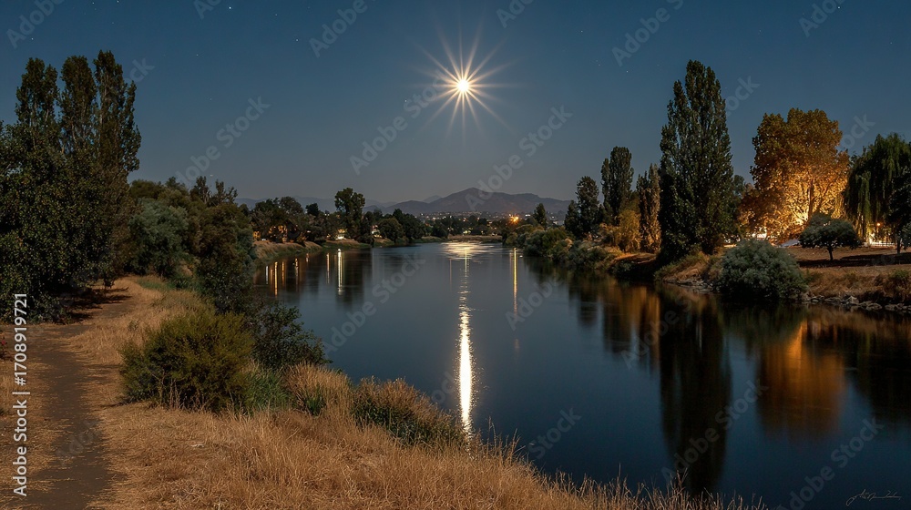 Obraz premium River reflecting moonlight surrounded by trees and grass at night.