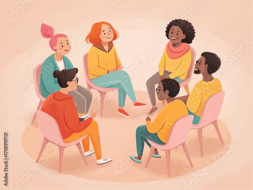 Illustration of a diverse group of people sitting in a circle on chairs during a meeting session talking