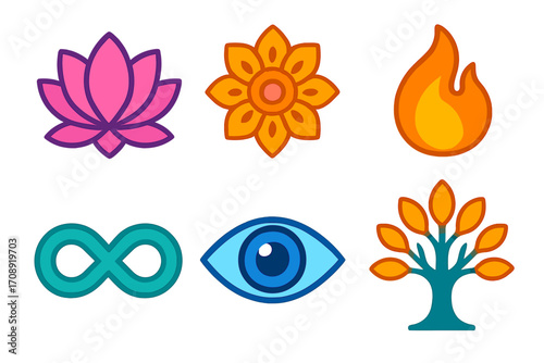 Spiritual symbols flat icon set. featuring lotus, flower, flame, infinity, eye, and tree