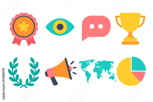 Achievement success flat icon set. featuring award, eye, chat, trophy, laurel, megaphone, world, pie chart
