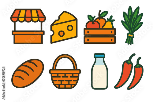 Market and food flat icons set. featuring stall, cheese, fruits, vegetables, bread, basket, milk, and peppers