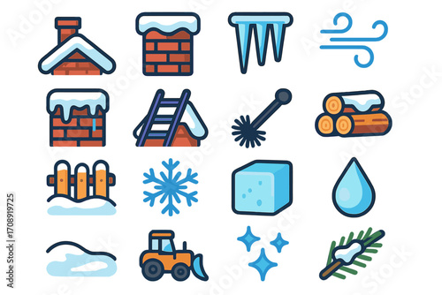 Winter silhouette icon set. featuring chimney, icicle, wind, snowflake, log, shovel, ski, ice, drop, sparkle, and plow