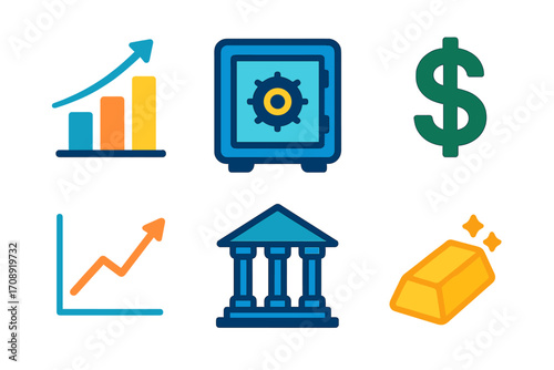 Finance flat icon set. featuring graph, safe, dollar, chart, bank, and gold bullion symbols