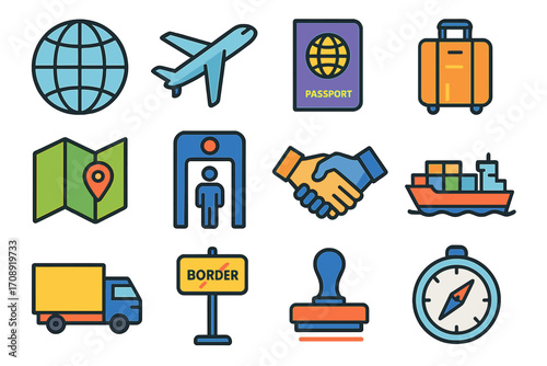 Travel and tourism linear icon set. featuring globe, airplane, passport, luggage, map, and ship symbols