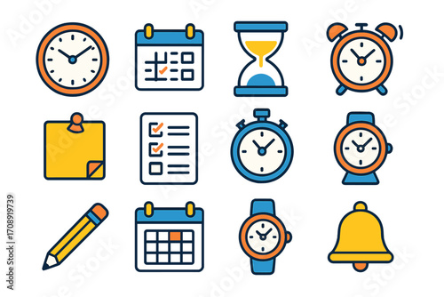 Time management flat icon set. featuring clock, calendar, hourglass, alarm, checklist, stopwatch, reminder symbols