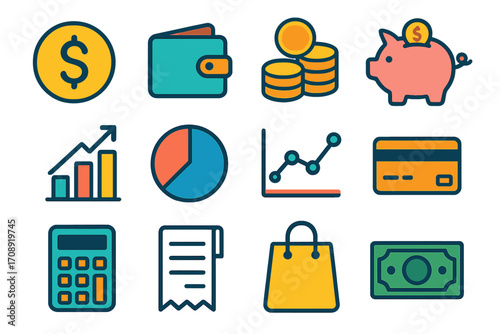 Finance silhouette icons set. featuring money, wallet, coins, piggy bank, graph, pie chart, credit card, and calculator