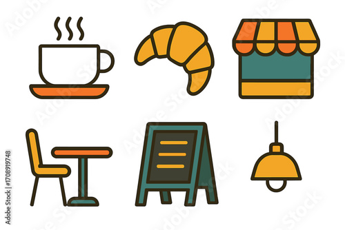 Café and bakery flat icon set. featuring coffee, croissant, shop, table, menu board, lamp symbols