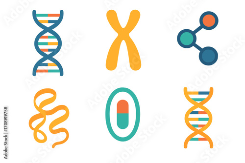 Science and genetics glowing icon set. featuring dna, chromosome, molecule, pill, protein symbols