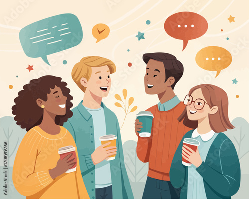 Illustration of four diverse young adults chatting and holding coffee cups outdoors with speech bubbles above