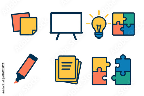 Education silhouette icon set. featuring notes, whiteboard, bulb, puzzle, highlighter symbols