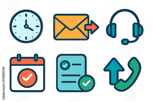 Communication flat icon set. featuring clock, email, headset, calendar, checklist, and phone symbols