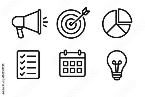Business and marketing linear icons set. featuring megaphone, target, pie chart, checklist, calendar, bulb