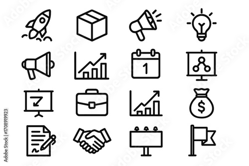 Business growth linear icon set. featuring rocket, box, megaphone, lightbulb, graph, calendar, presentation, briefcase