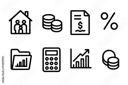 Finance and economy linear icon set. featuring family, coins, invoice, percentage, folder, calculator, graph