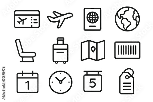 Travel and navigation linear icon set. featuring plane ticket, airplane, passport, globe, luggage, and map symbols