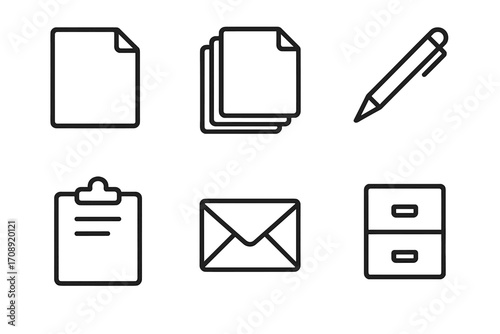 Office items silhouette icon set. featuring document, paper stack, pen, clipboard, envelope, and file cabinet symbols