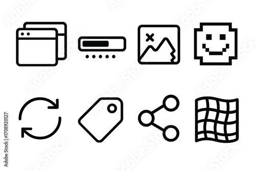 Web design linear icons set. featuring browser, password, image, smile, refresh, tag, share, grid symbols