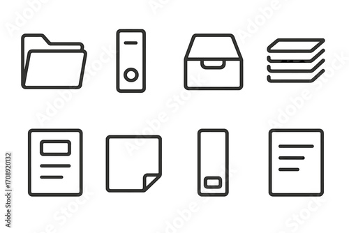 Office organization linear icon set. featuring folder, binder, drawer, tray, document, and file symbols