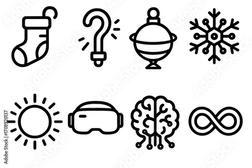Christmas and winter linear icon set. featuring stocking, question mark, ornament, snowflake, sun, goggles, brain, infinity symbols