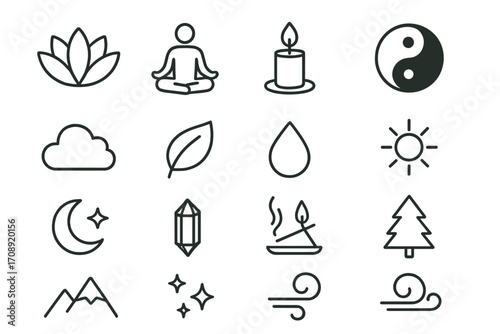 Nature and wellness linear icon set. featuring lotus, meditation, candle, yin yang, cloud, leaf, drop, sun symbols
