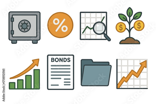 Finance and investment linear icon set. featuring safe, percentage, chart, plant, growth, bonds, files, trajectory