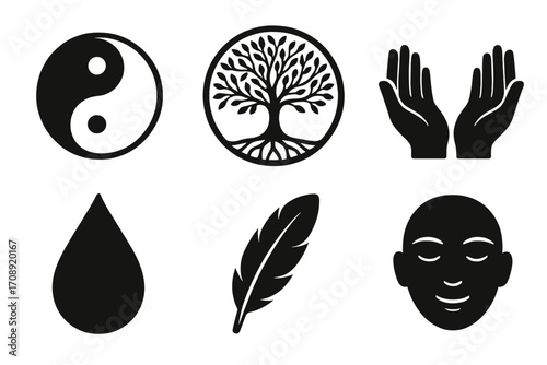 Nature and meditation silhouette icon set. featuring yin-yang, tree, hands, water drop, feather, face symbols