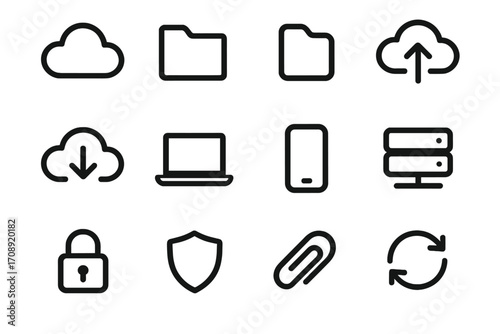 Tech essentials silhouette icon set. featuring cloud, folder, upload, download, laptop, phone, server, lock, shield, paperclip, sync