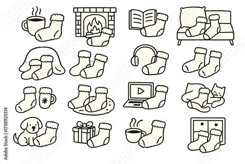 Winter comfort linear icon set. featuring hot drink, fireplace, book, couch, earmuffs, pet, and window symbols