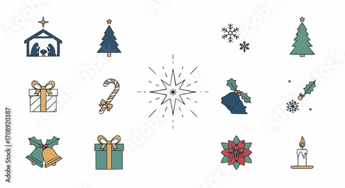 Christmas icon christmas vector design elements nativity scene christmas tree gift poinsettia candle holly snowflakes star vector