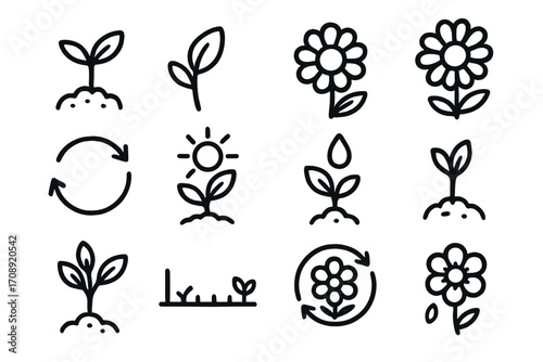 Gardening silhouette icon set. featuring seedling, leaf, flower, growth cycle, and sunlight symbols