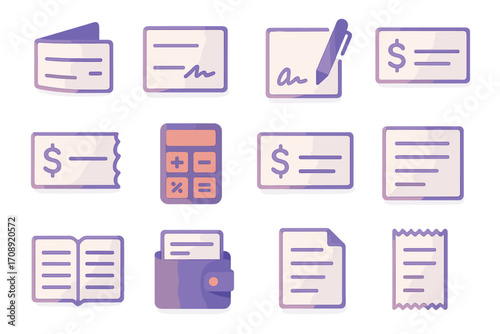 Finance and document flat icon set. featuring receipt, invoice, contract, voucher, calculator, wallet, bill, and checklist symbols