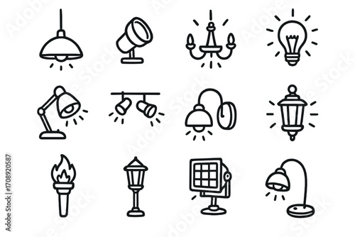 Lighting linear icon set. featuring lamp, chandelier, light bulb, torch, streetlight, spotlight, lantern symbols