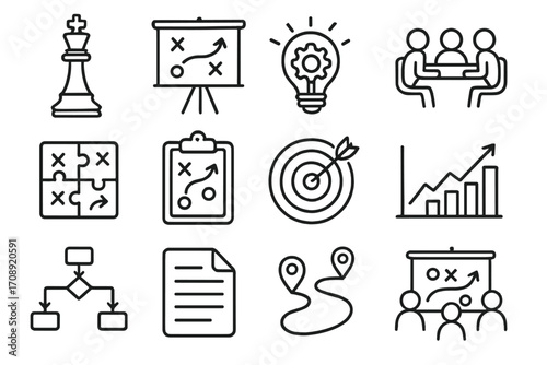 Business strategy linear icon set. featuring chess, presentation, meeting, puzzle, clipboard, target, growth, workflow, document, location