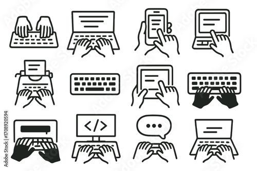 Office work silhouette icon set. featuring typing, laptop, smartphone, keyboard, tablet, hands, and coding symbols