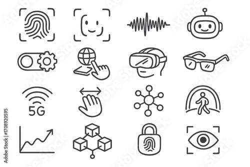 Technology and security linear icon set. featuring fingerprint, face recognition, ai, 5g, vr, blockchain, and biometrics icons