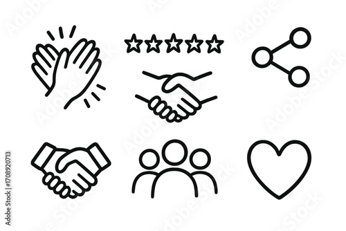 Communication linear icon set. featuring applause, rating, sharing, handshake, team, and heart symbols