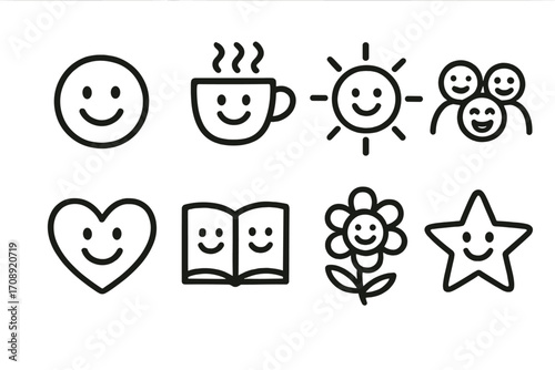 Happiness linear icon set. featuring smiley face, coffee, sun, family, heart, book, flower, star symbols