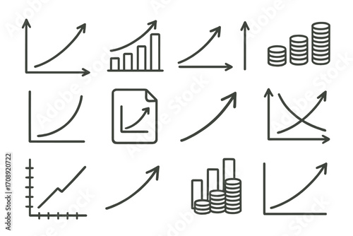 Business growth linear icon set. featuring charts, diagrams, analytics, progress, finance, investment, and statistics