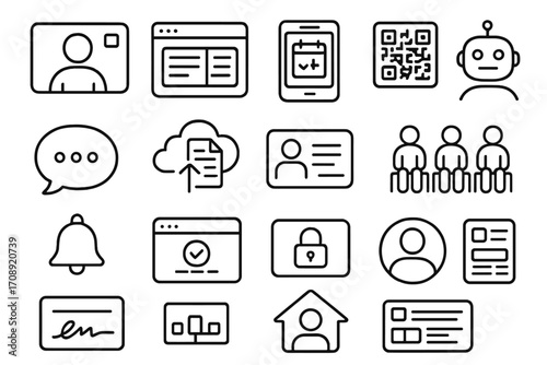 Technology and communication linear icon set. featuring ai, qr code, cloud, id, chat, and schedule symbols
