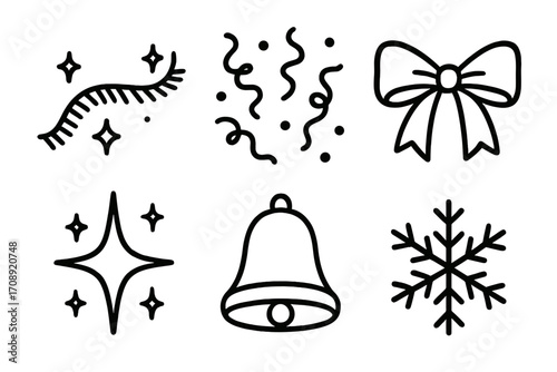 Christmas decorations linear icons set. featuring garland, confetti, bow, sparkle, bell, snowflake symbols