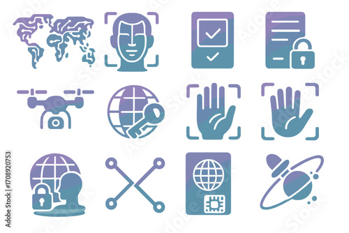 Security and technology linear icon set. featuring world map, face scan, id card, lock, drone, globe, fingerprint