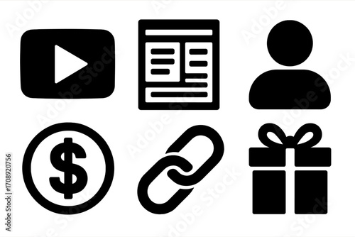 Silhouette icon set. featuring play, content, user, money, link, and gift symbols