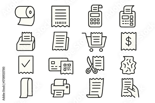 Finance documents linear icon set. featuring receipt, invoice, printer, card, checklist, and purchase symbols