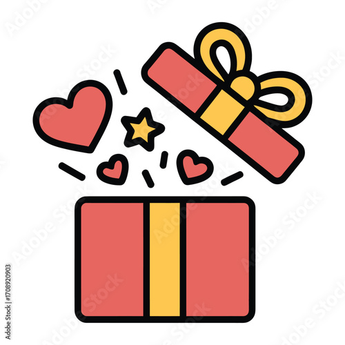 A red gift box with a bow is open and hearts and stars are coming out of it it is a present for a special occasion
