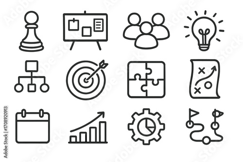 Business and strategy linear icon set. featuring chess, presentation, team, idea, hierarchy, target, puzzle, strategy, calendar, growth, settings, path