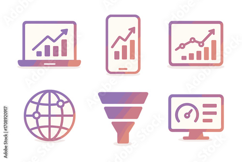 Wallpaper Mural Business analytics silhouette icons set. featuring laptop, smartphone, graph, globe, funnel, dashboard symbols Torontodigital.ca
