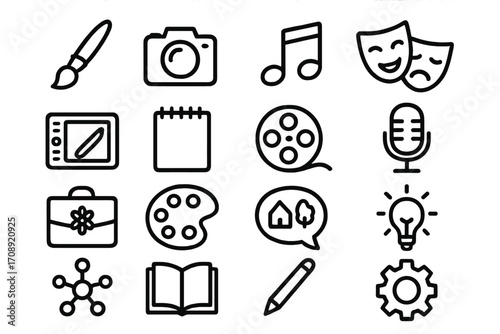Art and entertainment linear icon set. featuring brush, camera, music, theater, microphone, palette, book, and gear icons