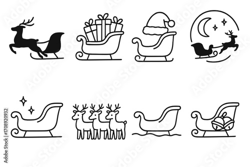 Christmas sleigh linear icon set. featuring sleigh, reindeer, gifts, santa hat, moon, stars, snow, decoration
